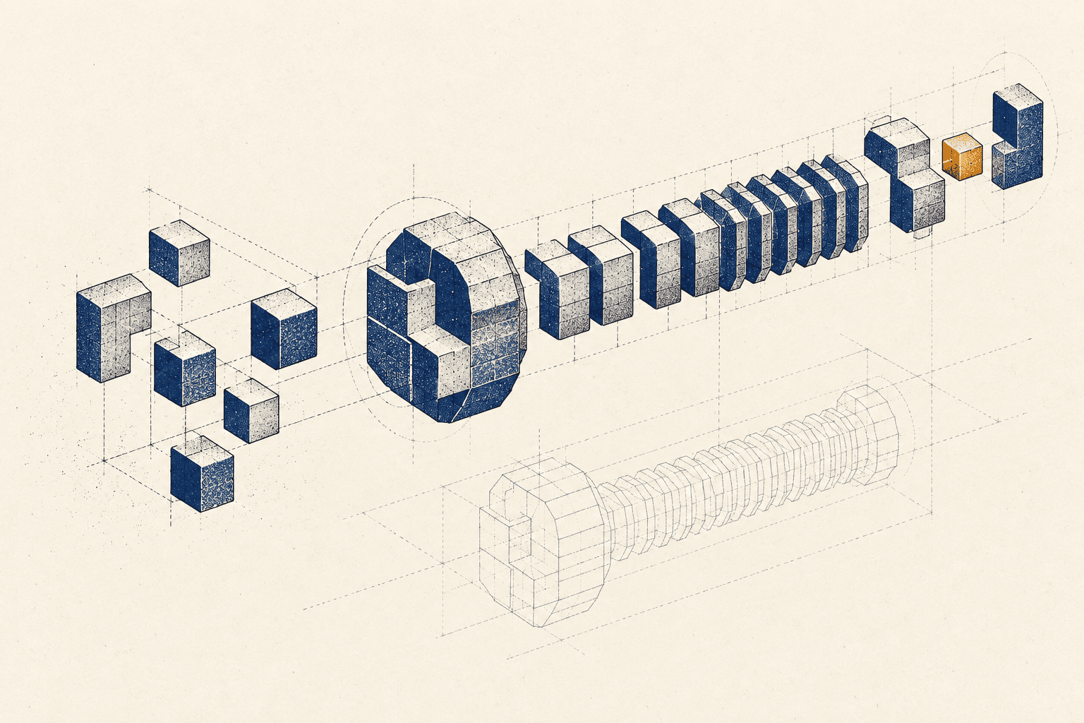 An exploded modular bolt drawing with geometric construction lines