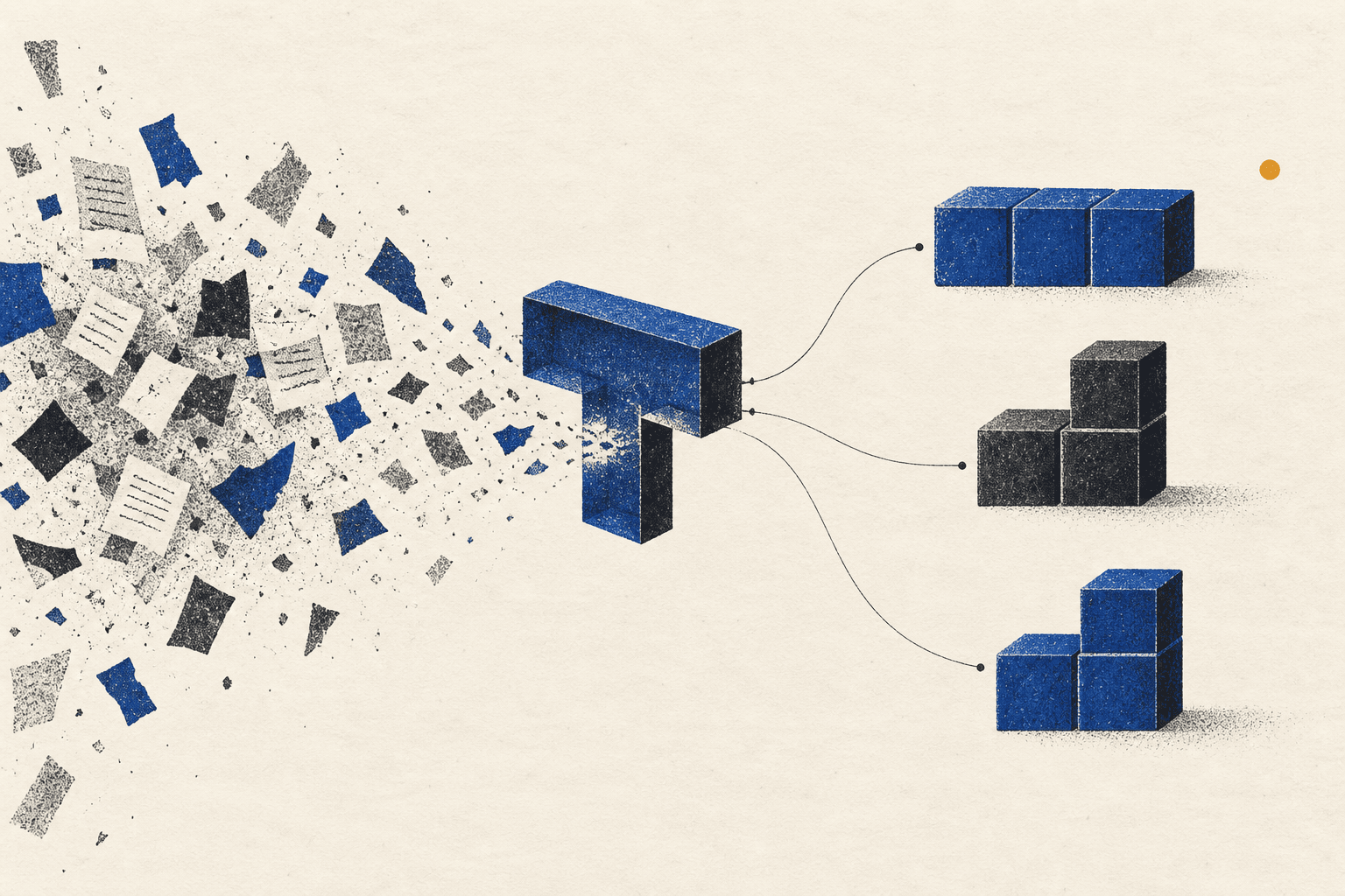 Scattered documents resolving through a Tetris-shaped knowledge block