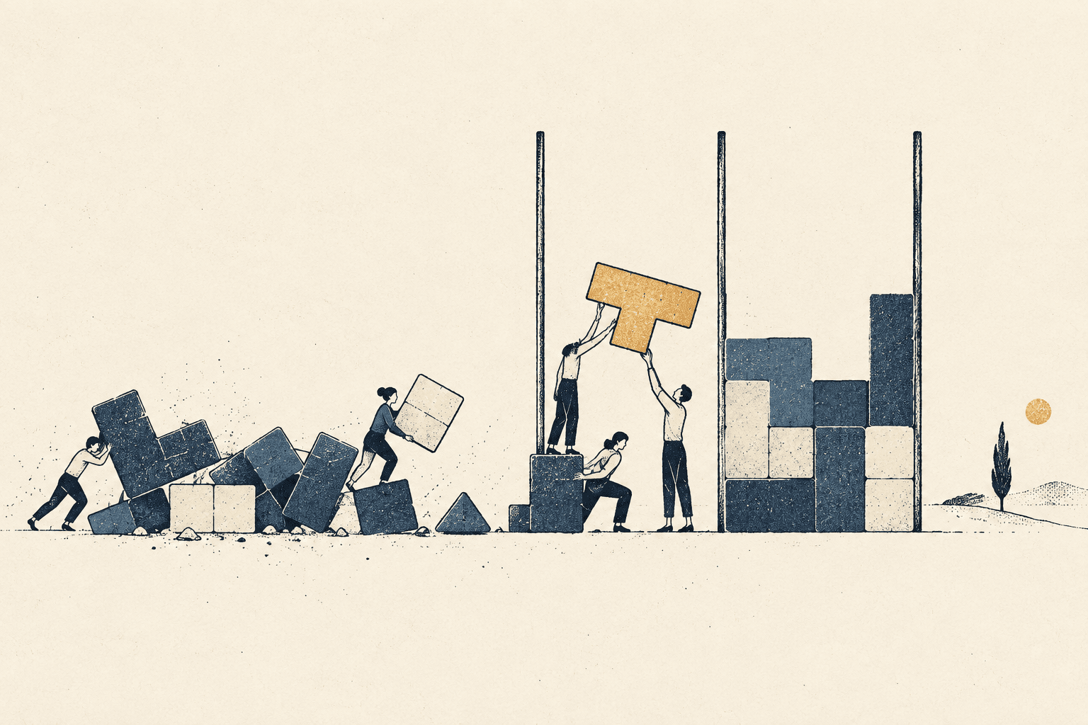 People fitting Tetris pieces into an organized project board