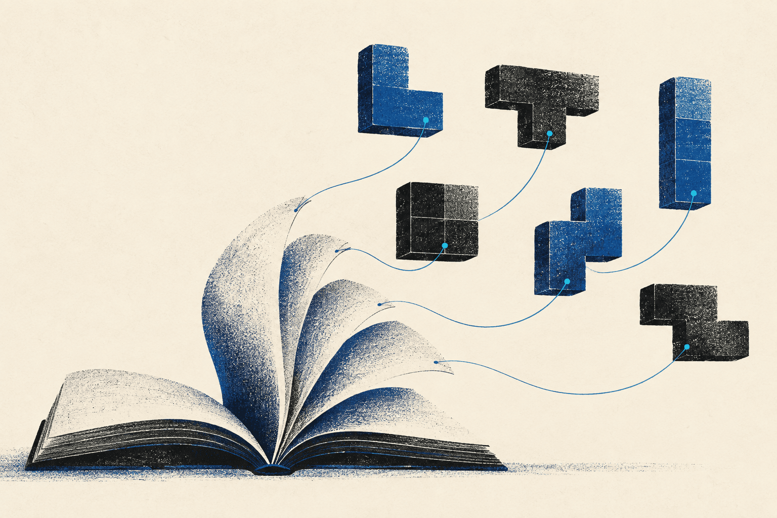 An open book connecting to floating Tetris memory tiles