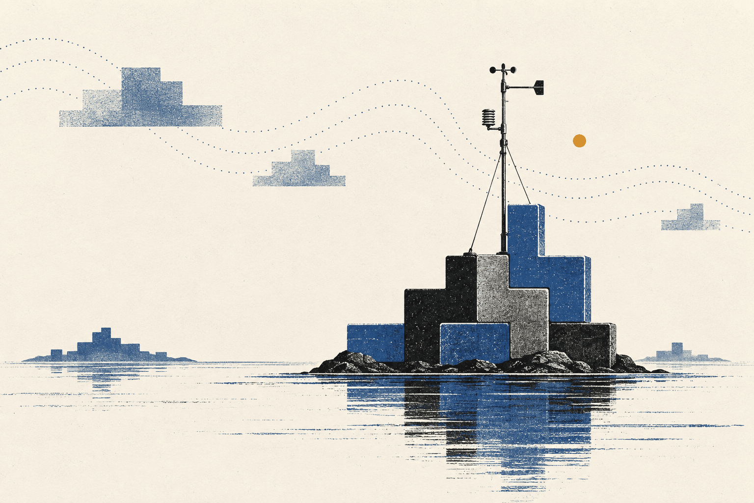 A weather mast on a small Tetris island